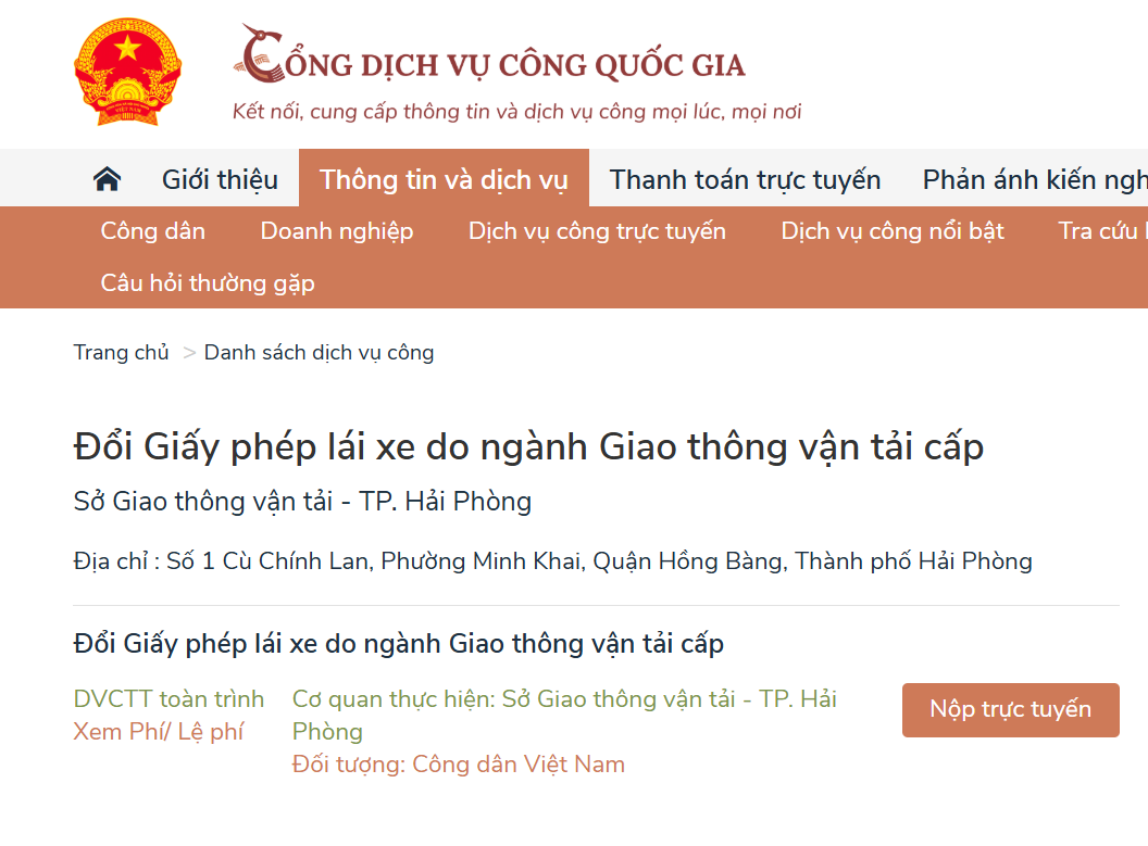 Hướng dẫn đổi Giấy phép lái xe do ngành Giao thông vận tải cấp tại Cổng dịch vụ công quốc gia